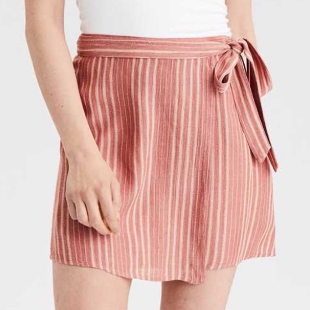 American Eagle Women’s Rust/Tan Stripe High Waisted Tie Wrap Mini Skirt Sz L
